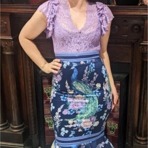 Elegant Blue and Purple Peacock Print Skirt
